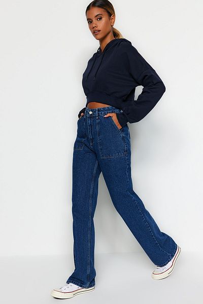 Trendyol Collection Blugi bleumarin cu talie înaltă, picior largi, cu buzunar TWOAW22JE0595