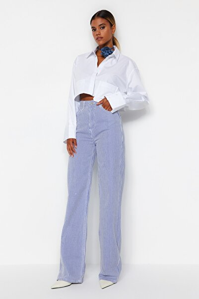 Trendyol Collection Többszínű csíkos, magas derekú, széles lábszárú farmernadrág TWOSS23JE00246