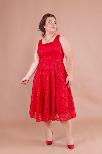 Bidoluelbise Fransız Dantel Kare Yaka Midi Boy Kolsuz Kalın Askılı Büyük Beden Abiye & Davet & Mezuniyet Elbisesi