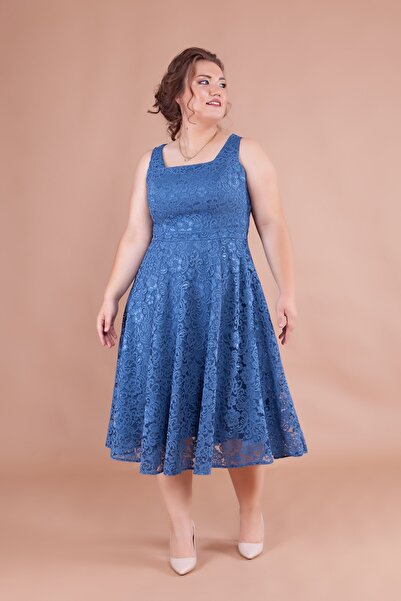 Bidoluelbise Βραδινό φόρεμα & προσκλητήριο & φόρεμα αποφοίτησης με γαλλικό τετράγωνο δαντέλα μίντι μήκους Αμάνικο χοντρό λουράκι συν μέγεθος