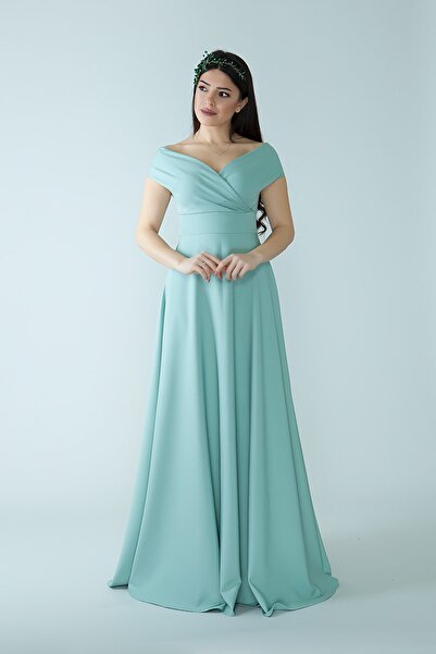 Bidoluelbise Kayık Kruvaze Yaka Düşük Omuz Dokuma Dökümlü Kumaş Maxi Boy Davet & Mezuniyet & Abiye Elbise