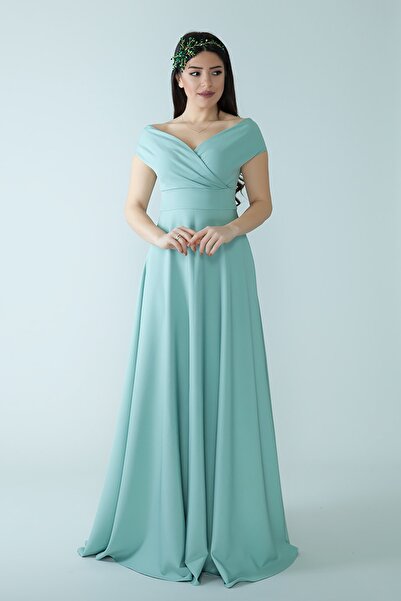 Bidoluelbise Kayık Kruvaze Yaka Düşük Omuz Dokuma Dökümlü Kumaş Maxi Boy Davet & Mezuniyet & Abiye Elbise