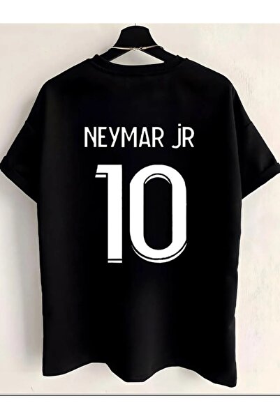 Combineman35 Tricou unisex negru Jr Neymar cu imprimeu oversize cu guler rotund