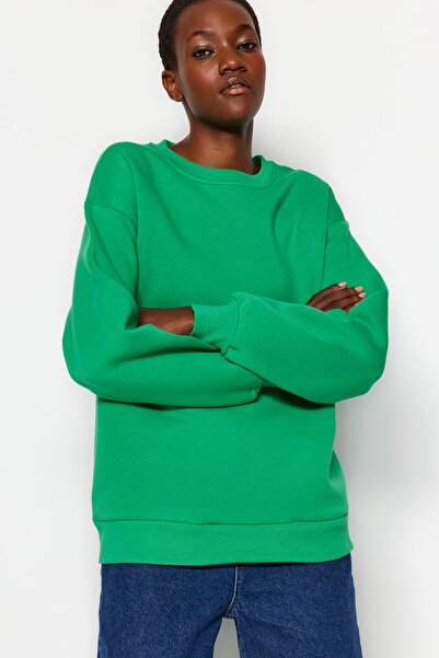 Trendyol Collection Zelená oversize/pohodlný střih Basic Crew Krk Silný/Vnitřní fleecová pletená mikina TWOAW24SW00102