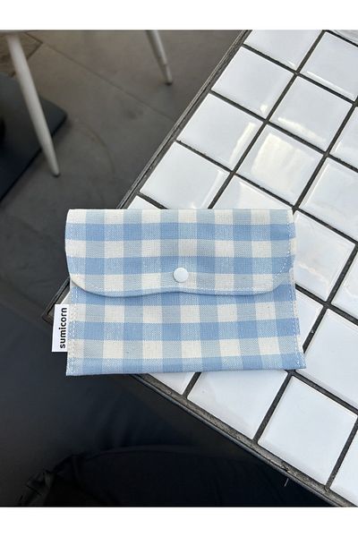 Sumicorn Design Blue Gingham Washable Linen Pad Bag with Snap Fasteners, Mini Wallet, Bag Organizer