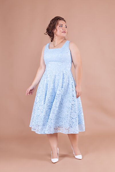 Bidoluelbise Fransız Dantel Kare Yaka Midi Boy Kolsuz Kalın Askılı Büyük Beden Abiye & Davet & Mezuniyet Elbisesi