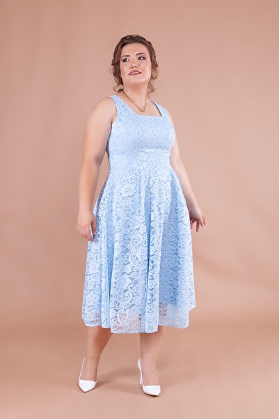 Bidoluelbise Fransız Dantel Kare Yaka Midi Boy Kolsuz Kalın Askılı Büyük Beden Abiye & Davet & Mezuniyet Elbisesi