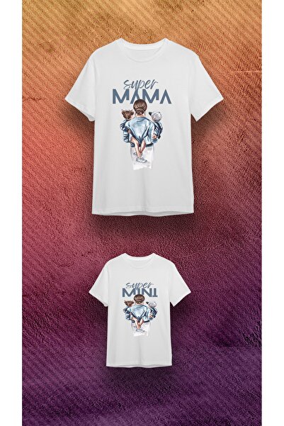 VİZYON İKRA Tricou alb cu imprimeu pentru mama fiica cu gâtul turn (PRETUL ESTE UNUL)