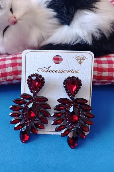 BB wikiki Bordo Kristal Taşlı Kına Nişan Düğün Gelin Abiye Küpesi