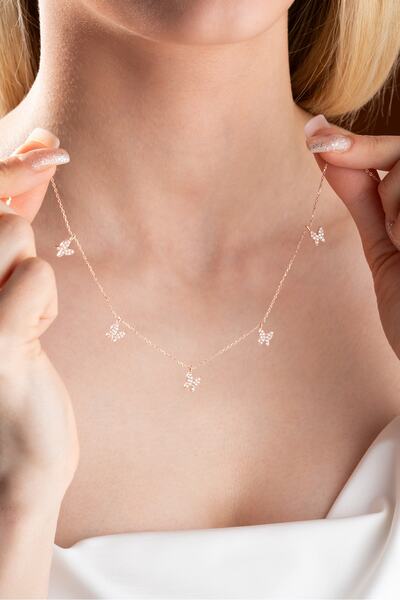 Nereze 925 Ayar Gümüş Rose Zirkon Taşlı Şans Kelebek Kolye