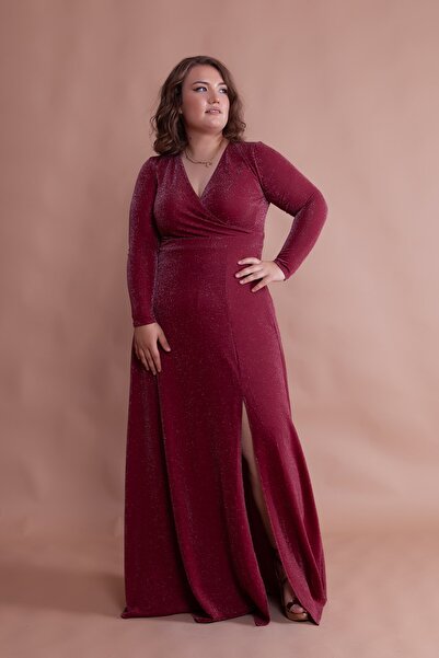 Bidoluelbise Plus Size Glitter Stretch ύφασμα με διπλό γιακά με σχισμή μακρύ ...