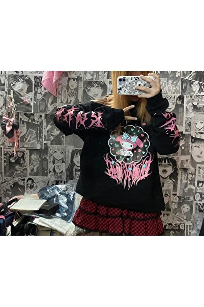 MECH BUTİK Φούτερ με κουκούλα με κουκούλα MyMelody με στάμπα μαύρου μεγέθους