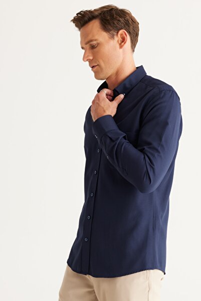 AC&Co / Altınyıldız Classics Men's Navy Blue Slim Fit Narrow Cut Button Collar Cotton Oxford Shirt