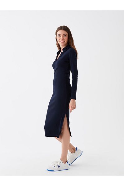 LC Waikiki Γυναικείο φόρεμα LCW Casual Polo με ίσιο μακρυμάνικο λαιμό