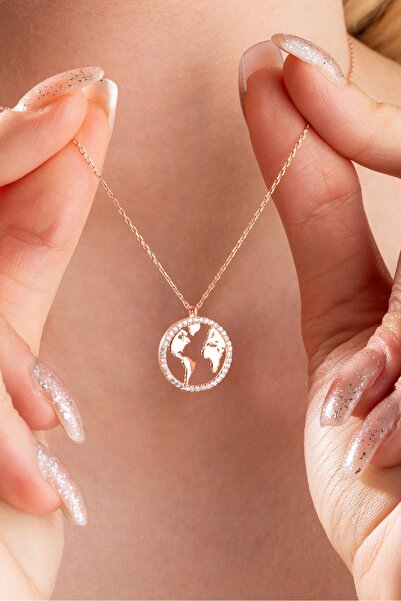 Nereze 925 Ayar Gümüş Rose Dünya Haritası Tasarım Kolye