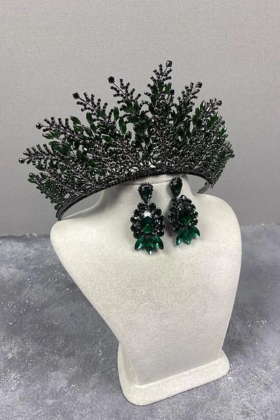 Hayalperest boncuk Green Nairobi Model Bridal Henna Wedding Crown and Shuttle-Drop Earring Set Wedding Crown