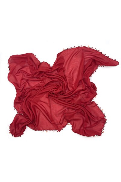nazipek Cotton Drop Pearl Beaded Scarf High Quality Red Writing 100x100cm