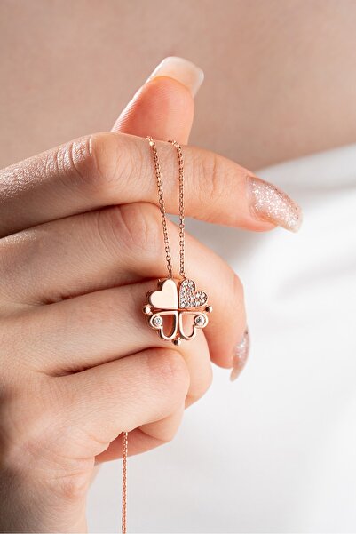 Nereze 925 Ayar Gümüş Rose Mıknatıslı Ayrılabilir 4 Kalpli Yonca Kolye