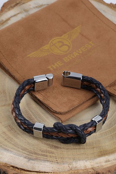 MRHERO Mh034 Men's Navy Blue Glass 100% Genuine Leather Braided Handmade Leather Bracelet
