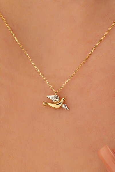 MİLET KUYUMCULUK 14 Ayar Altın Forse Zincirli İki Renkli Kuş Kolye Güvercin