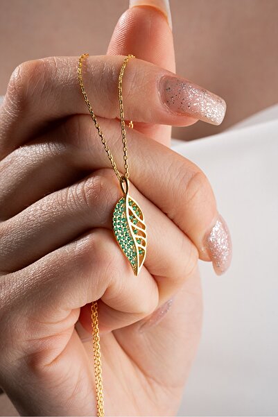 Nereze 925 Ayar Gümüş Gold Yeşil Zirkon Taşlı Yaprak Tasarım Kolye