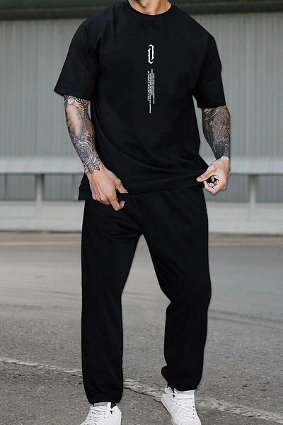 mw memowear Black Unisex Vertical Print Basic Comfortable Fit Oversize Tracksuit Set