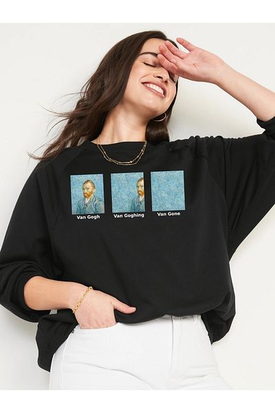 Rokeby Black Van gogh Printed Crew Neck Oversize Women's Sweatshirt