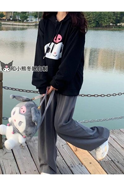 Touz Kuromi Face Baskılı Siyah Unisex Oversize Kapüşonlu Sweatshirt