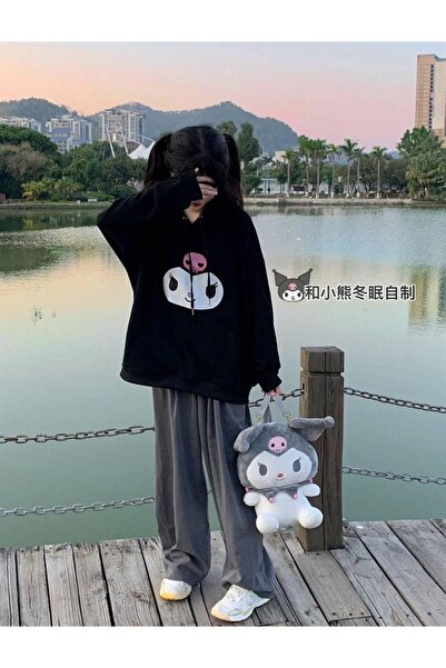 Touz Kuromi Face Baskılı Siyah Unisex Oversize Kapüşonlu Sweatshirt