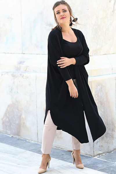 Moda Cazibe Women's Black Side Slit Loose Cardigan M9264