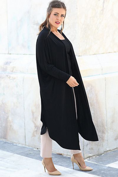 Moda Cazibe Women's Black Side Slit Loose Cardigan M9264