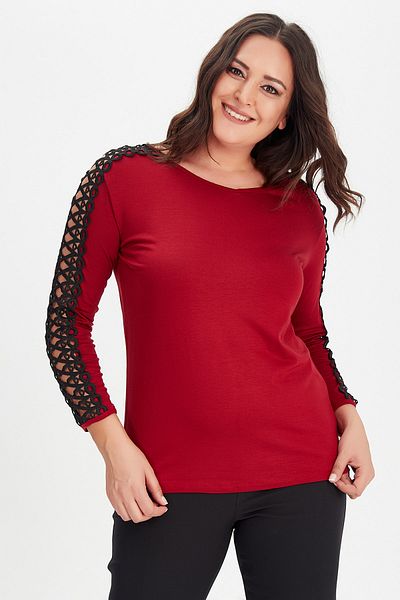 Moda Cazibe Women's Burgundy Plus Size Top Guipure Long Sleeve Blouse