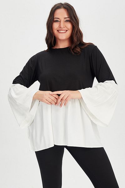 Moda Cazibe تونيك نسائي من قماش البوبلين ذو الأكمام الإسبانية باللون الأسود الكريمي