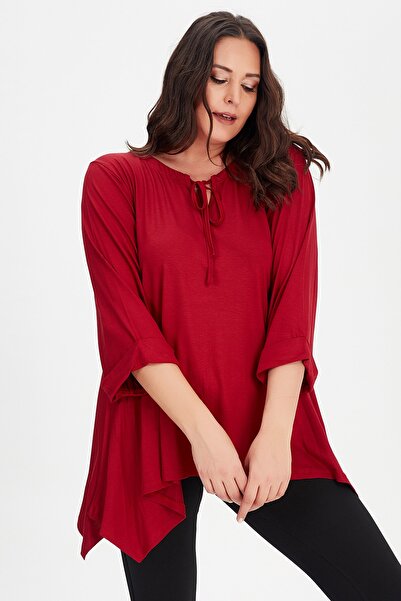 Moda Cazibe Women's Burgundy Large Size Collar Lace-up Sleeve Folded Side Slit Tunic