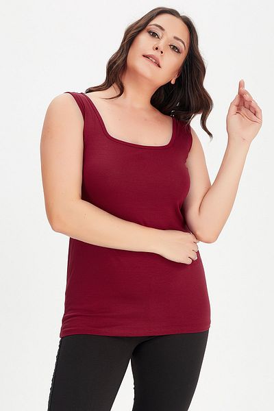 Moda Cazibe Women's Burgundy Large Size Square Collar Thick Strap Undershirt Blouse