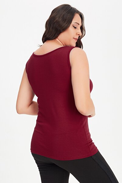 Moda Cazibe Women's Burgundy Large Size Square Collar Thick Strap Undershirt Blouse