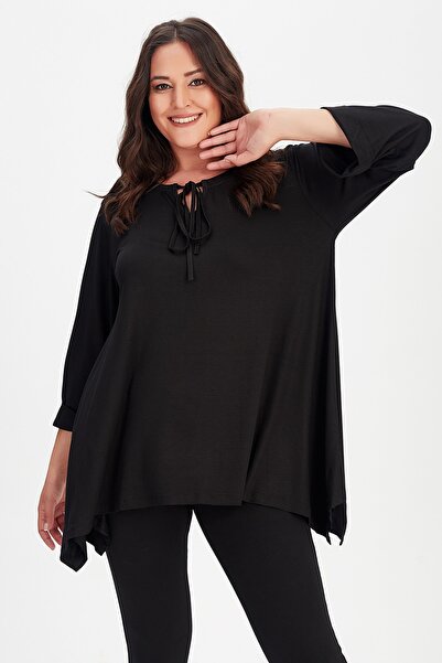 Moda Cazibe Plus Size Collar Lace-up Sleeve Folded Side Slit Tunic