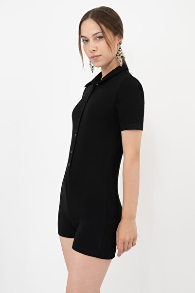Soyo Women's Black Polo Neck Short Sleeve Button-Front Viscose Mini Jumpsuit