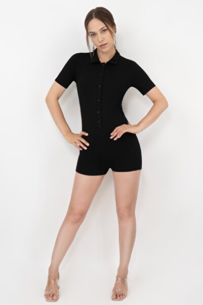 Soyo Women's Black Polo Neck Short Sleeve Button-Front Viscose Mini Jumpsuit