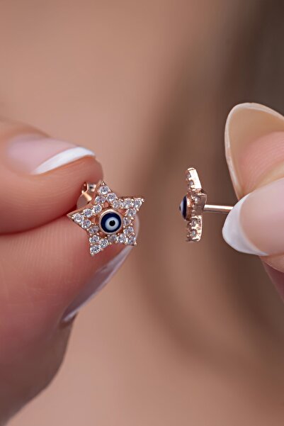 Nereze 925 Ayar Gümüş Mavi Mineli Minik Nazar Yıldız Küpe