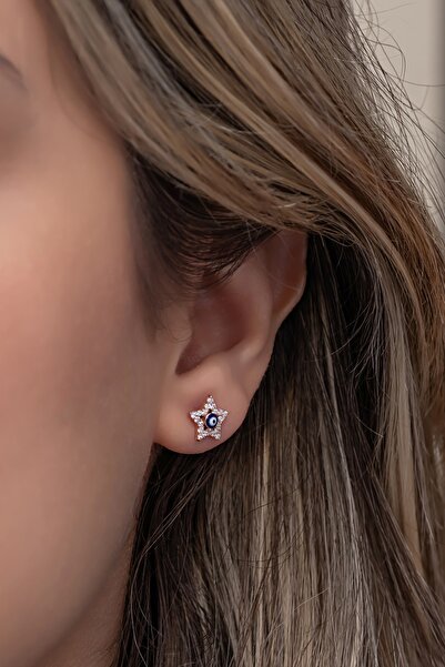 Nereze 925 Ayar Gümüş Mavi Mineli Minik Nazar Yıldız Küpe