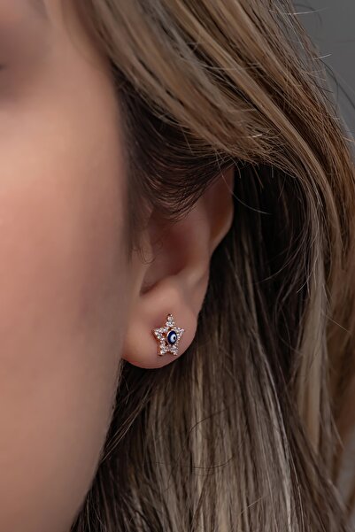 Nereze 925 Ayar Gümüş Mavi Mineli Minik Nazar Yıldız Küpe