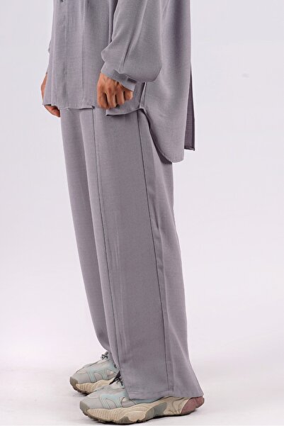 LoFiBuy Unisex Çift Yırtmaç Gri Oversize Rahat Kalıp Alt Üst Takım