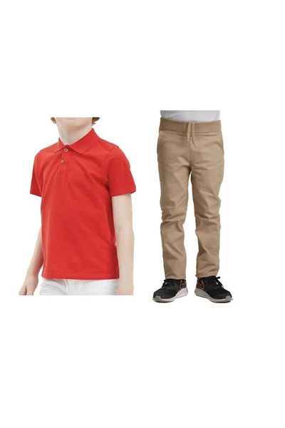 FATELLA Unisex children's school ribbed waist trousers - red short sleeve Polo collar t-shirt set of 2