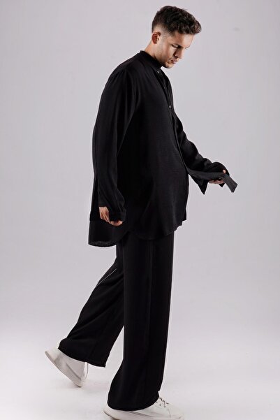 LoFiBuy Unisex Çift Yırtmaç Siyah Oversize Rahat Kalıp Alt Üst Takım