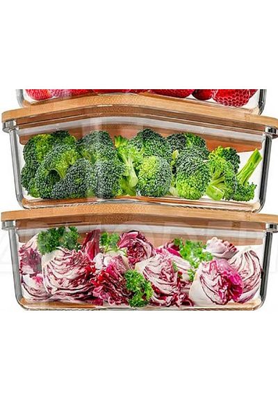 morponi 2-Piece Rectangular Vacuum Bowl Glass Storage Container with Bamboo Lid (1000 ml)
