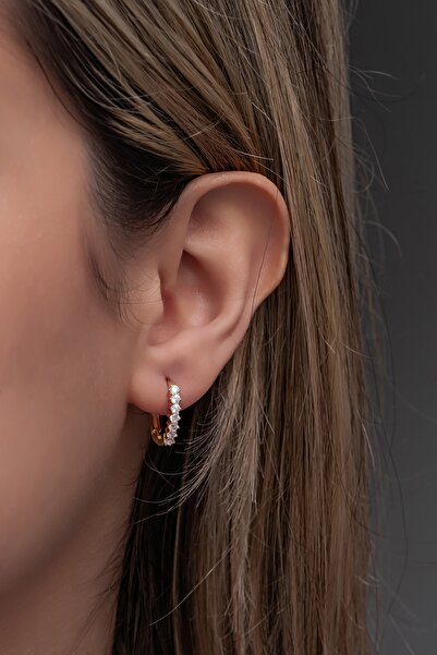 Nereze 925 Ayar Gümüş Gold 15 Mm Zirkon Taşlı Halka Küpe