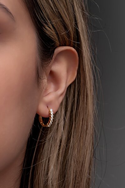Nereze 925 Ayar Gümüş Gold 15 Mm Zirkon Taşlı Halka Küpe