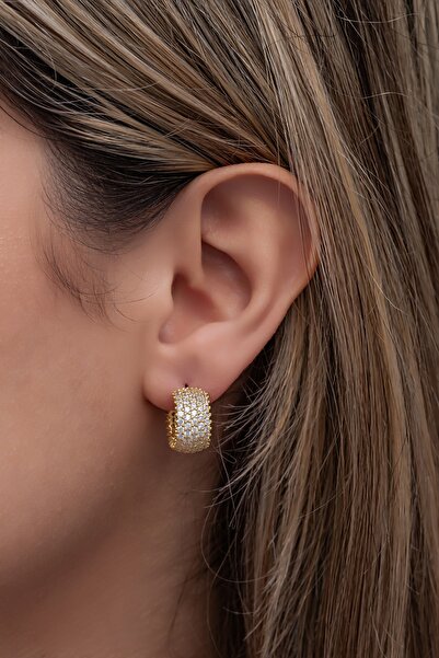 Nereze 925 Ayar Gümüş Gold 5 Sıra Beyaz Taşlı Yarım Tur Küpe