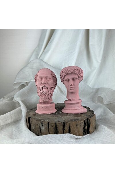 oasis decoration Antik Pembe Hermes ve Socrates 13 cm Büst 2'li Heykel Set De...